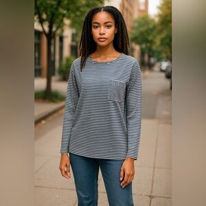 J Crew Top Organic Cotton Striped Box Blouse Black & White Long Sleeve Pocket